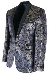 STZ63 - Mens Velvet Paisley Floral Blue Gold Tuxedo Blazer