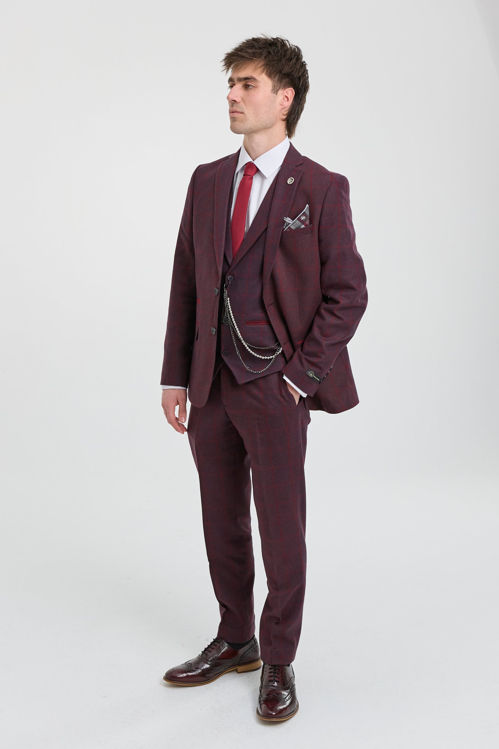 Men's 3 Piece Suit Wool Tweed Plum Wine Check 1920s Gatsby Men's 3 Piece Suit Wool Tweed Plum Wine Check 1920s Gatsby