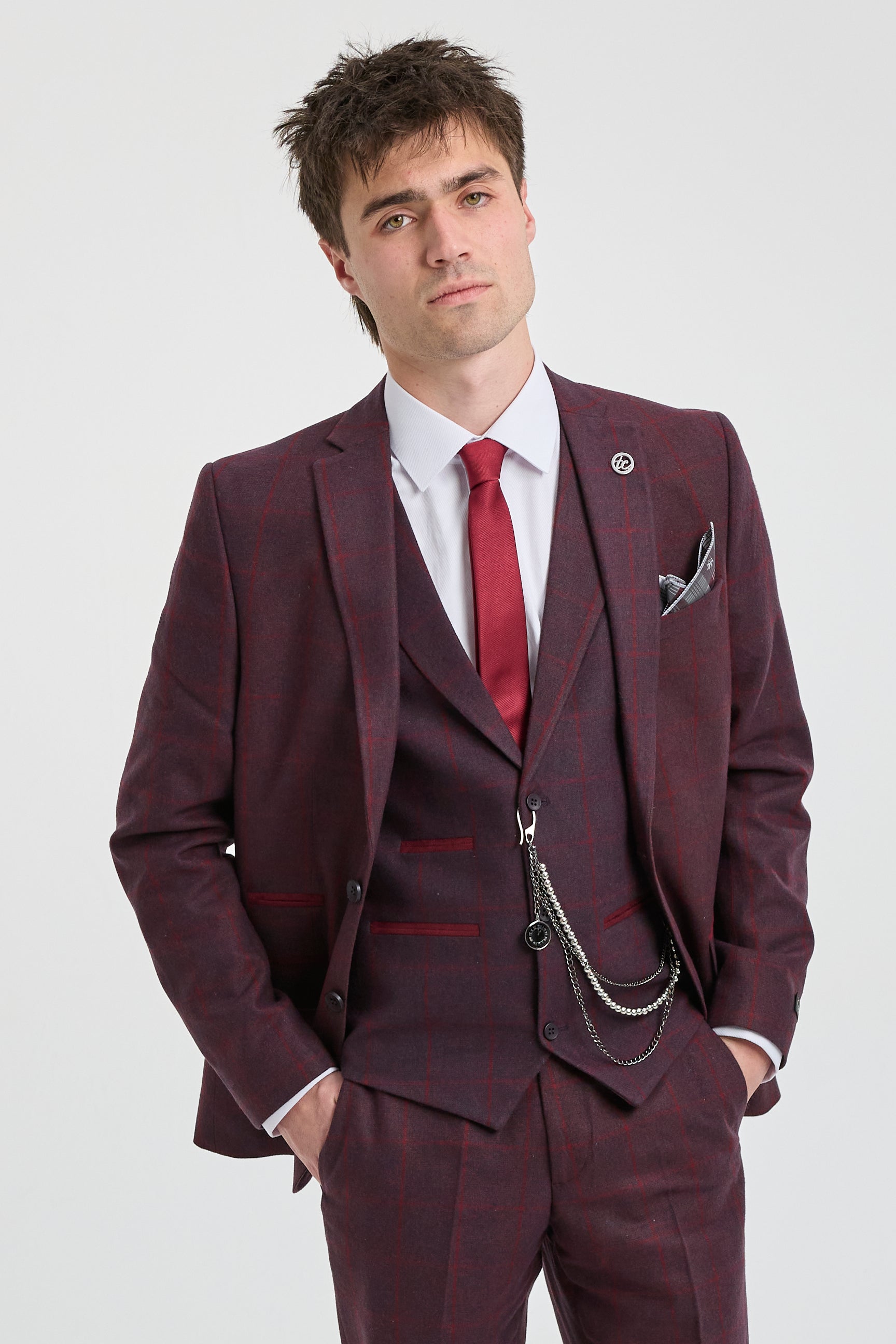 Men's 3 Piece Suit Wool Tweed Plum Wine Check 1920s Gatsby: Buy