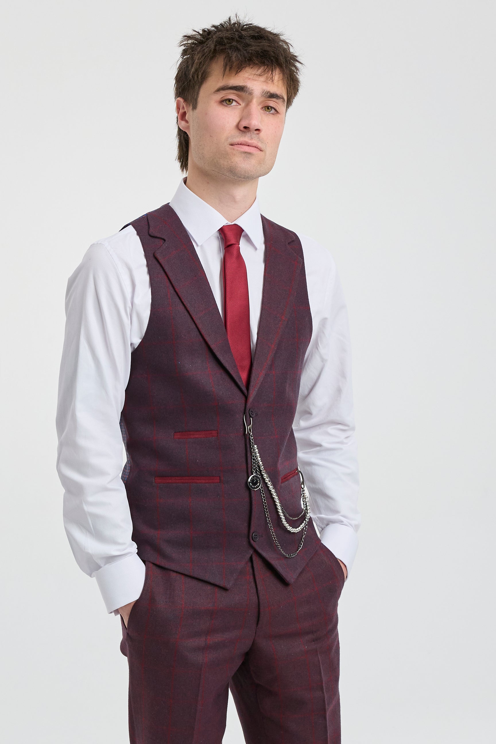 Men's 3 Piece Suit Wool Tweed Plum Wine Check 1920s Gatsby: Buy