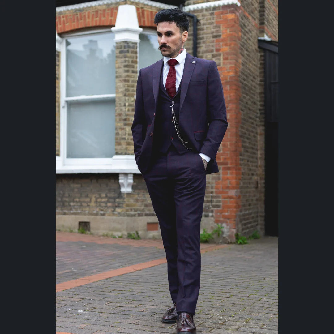 Men's 3 Piece Suit Wool Tweed Plum Wine Check 1920s Gatsby