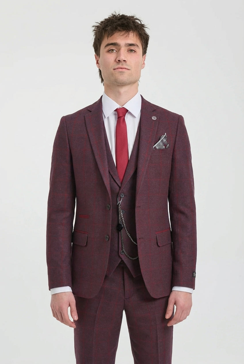 Men's 3 Piece Suit Wool Tweed Plum Wine Check 1920s Gatsby