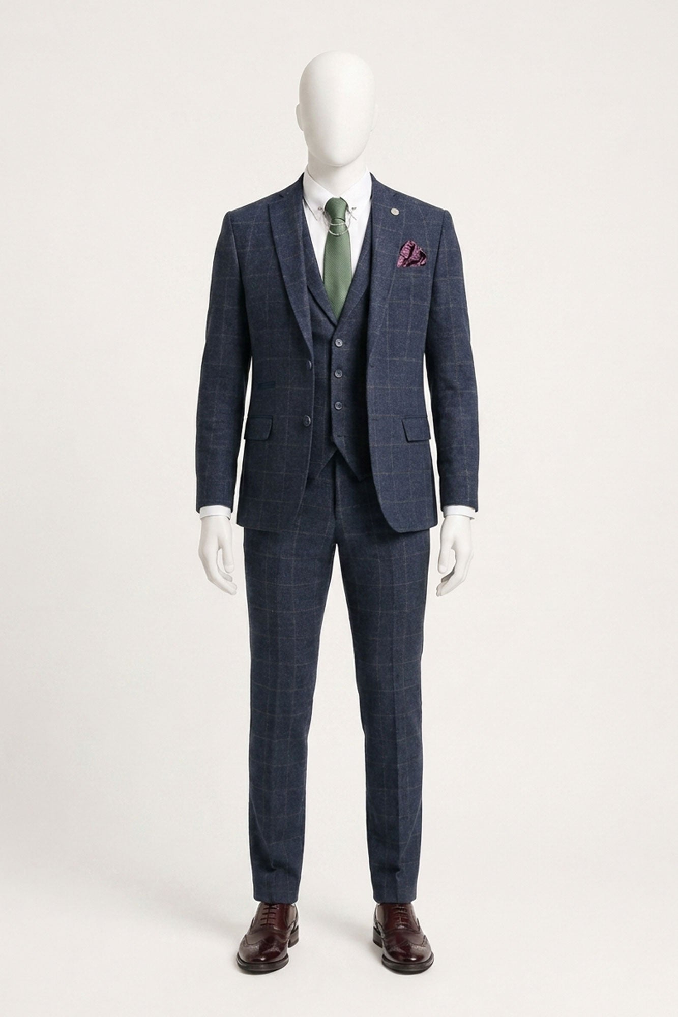 Men's 3 Piece Suit Wool Tweed Navy Blue Brown Check 1920s Gatsby
