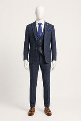 Men's 3 Piece Suit Wool Tweed Navy Blue Brown Check 1920s Gatsby