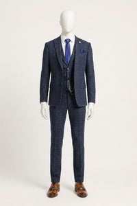 Men's 3 Piece Suit Wool Tweed Navy Blue Brown Check 1920s Gatsby