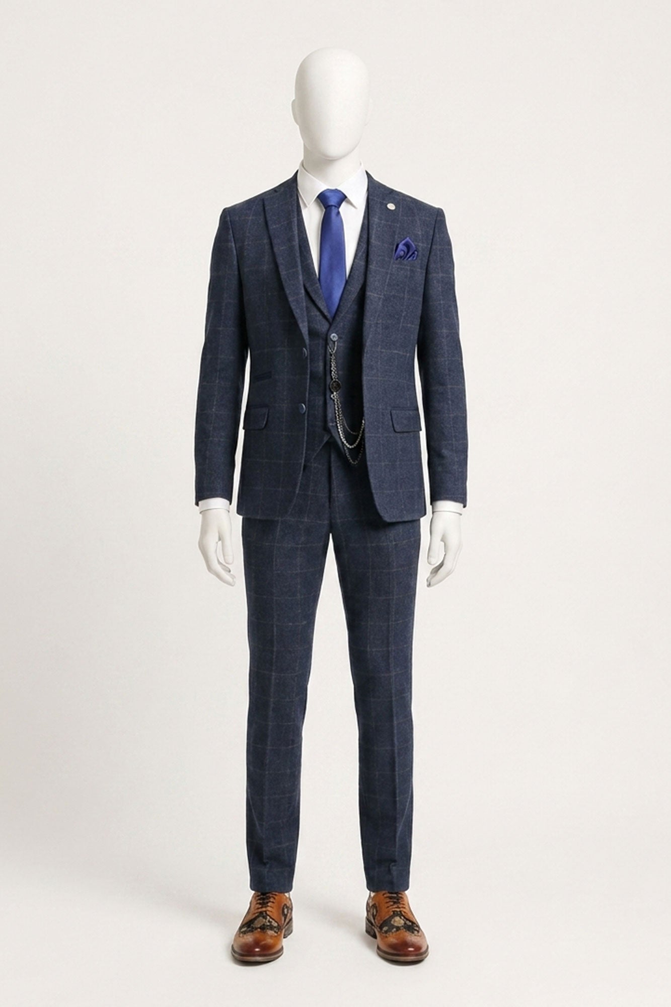 Men's 3 Piece Suit Wool Tweed Navy Blue Brown Check 1920s Gatsby