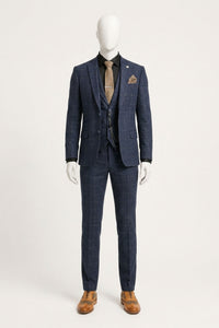 Men's 3 Piece Suit Wool Tweed Navy Blue Brown Check 1920s Gatsby