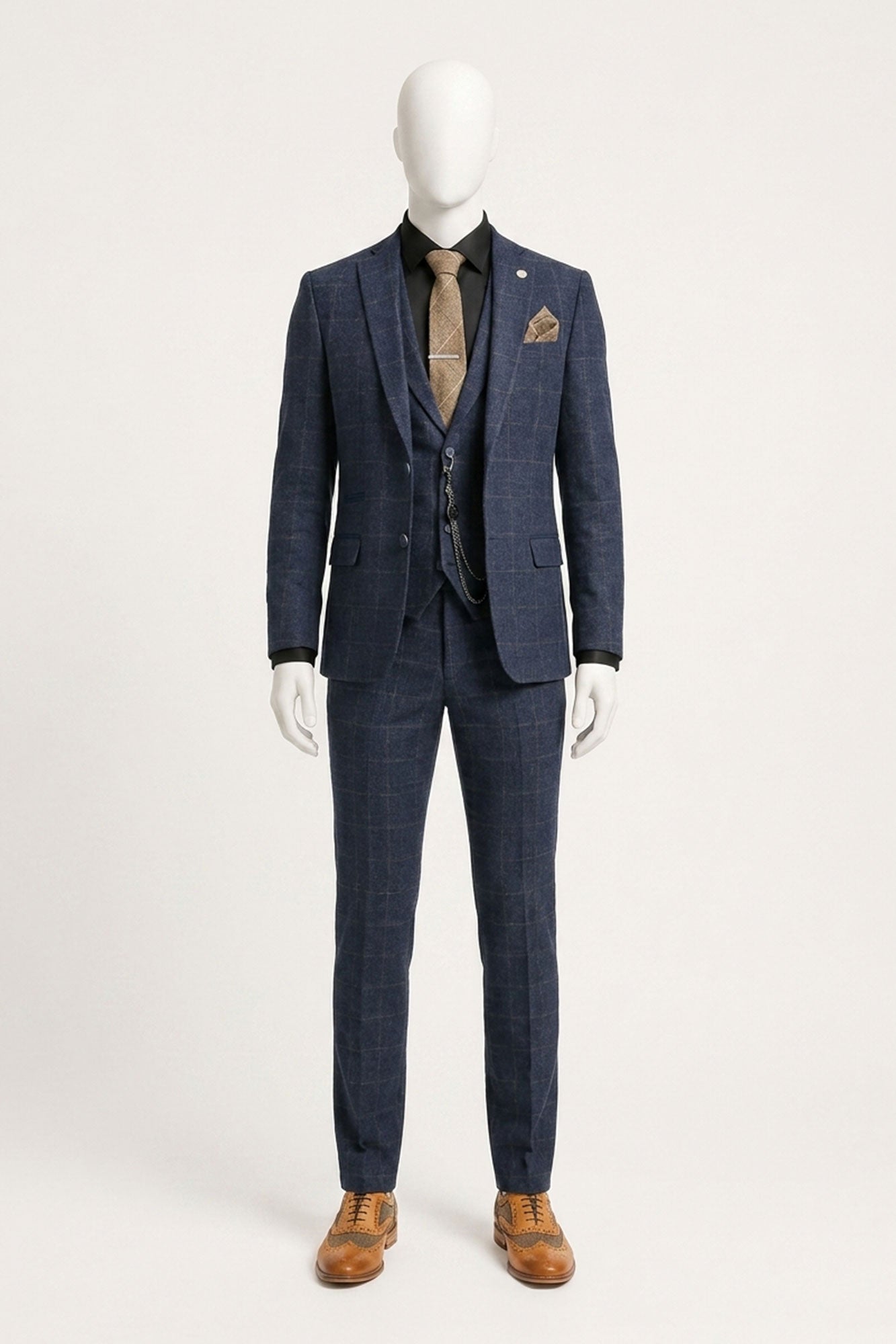 Men's 3 Piece Suit Wool Tweed Navy Blue Brown Check 1920s Gatsby