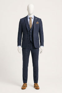 Men's 3 Piece Suit Wool Tweed Navy Blue Brown Check 1920s Gatsby