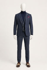Men's 3 Piece Suit Wool Tweed Navy Blue Brown Check 1920s Gatsby