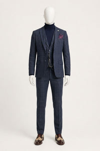 Men's 3 Piece Suit Wool Tweed Navy Blue Brown Check 1920s Gatsby