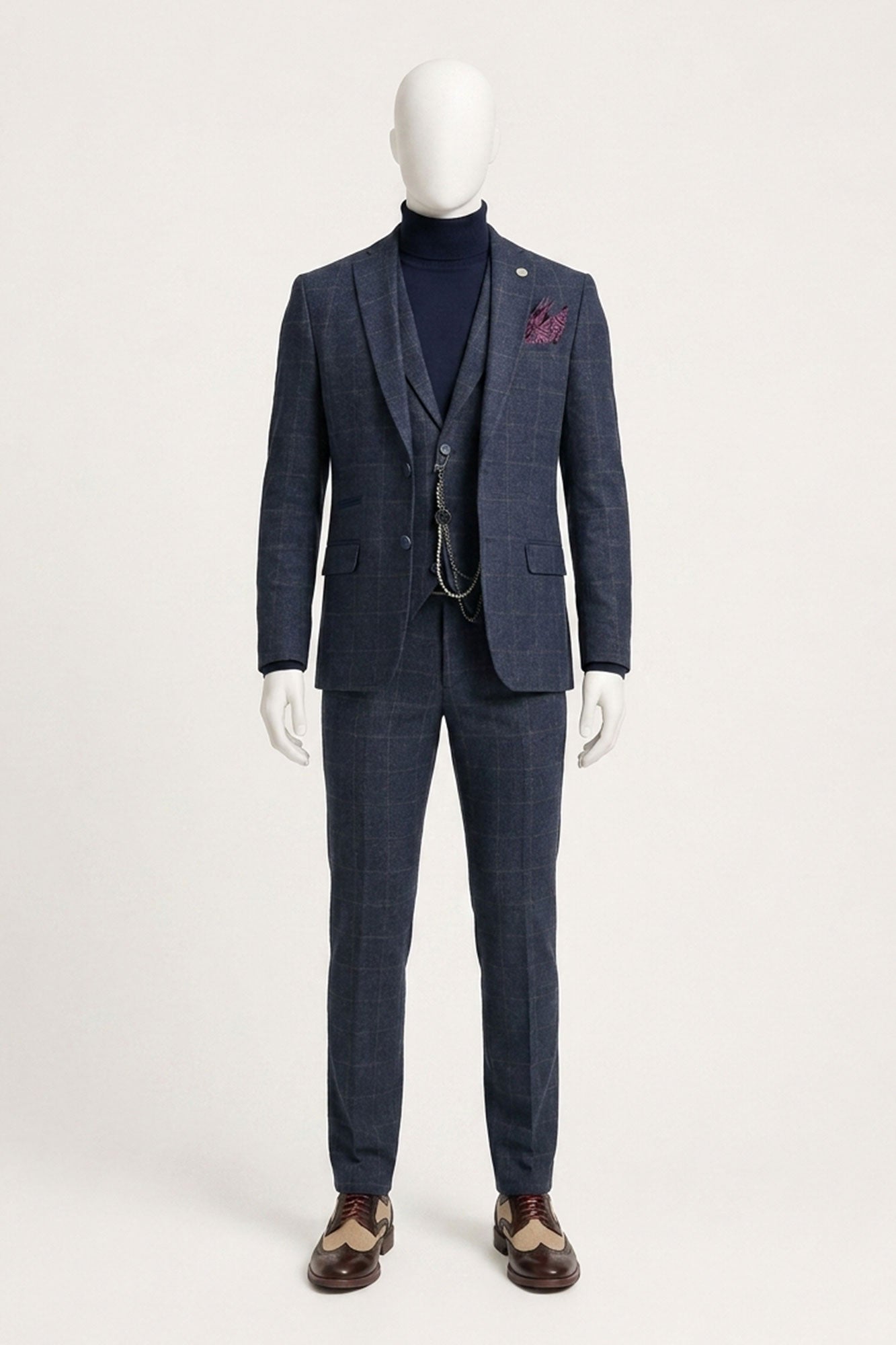 Men's 3 Piece Suit Wool Tweed Navy Blue Brown Check 1920s Gatsby