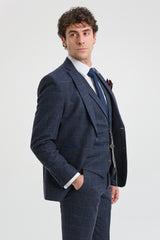 Men's 3 Piece Suit Wool Tweed Navy Blue Brown Check 1920s Gatsby