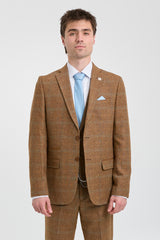 Man wearing a brown checkered suit with a light blue tie on a white background