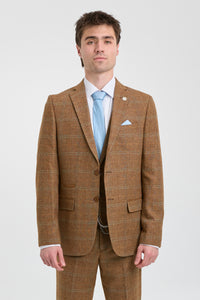Man wearing a brown checkered suit with a light blue tie on a white background
