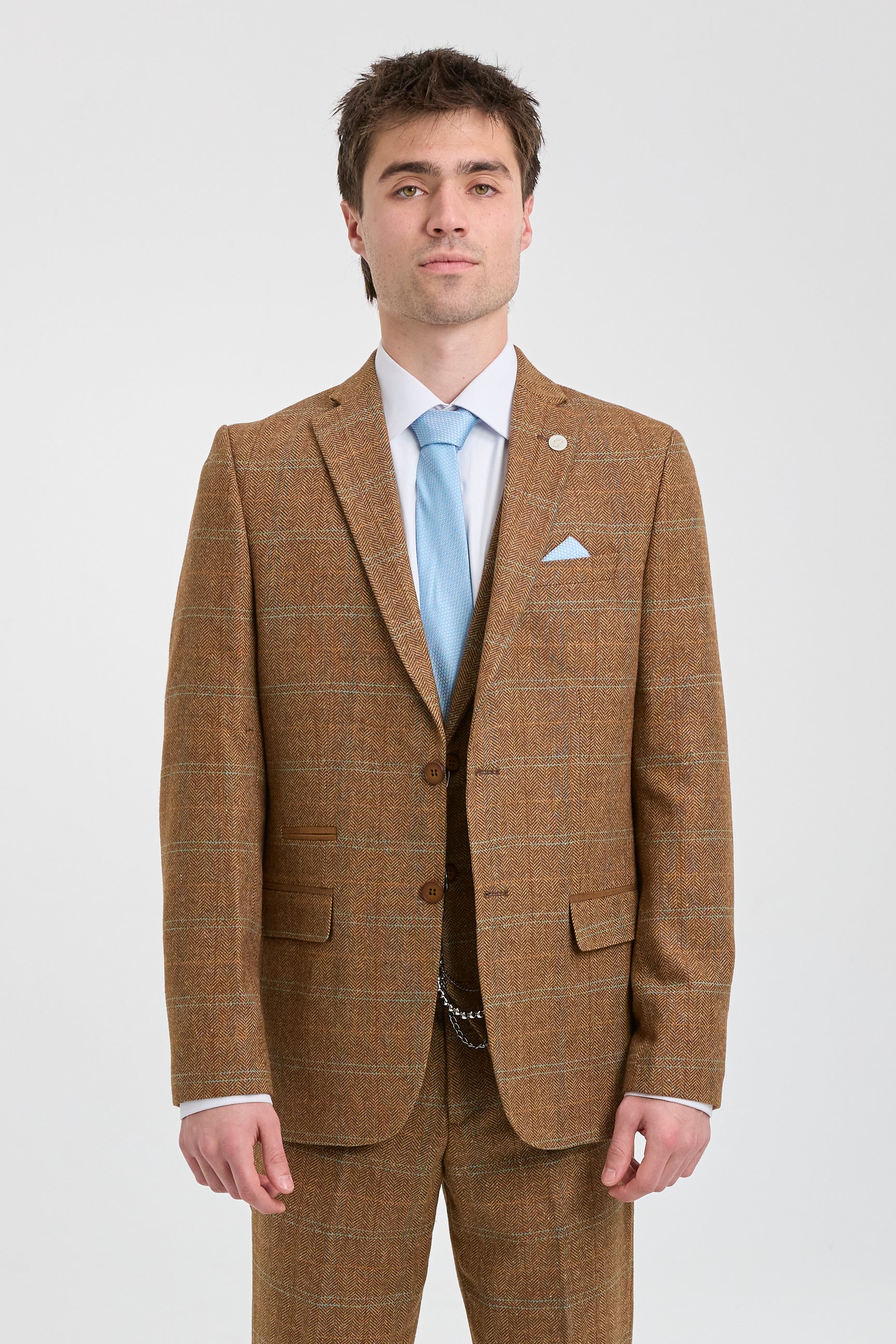 Man wearing a brown checkered suit with a light blue tie on a white background
