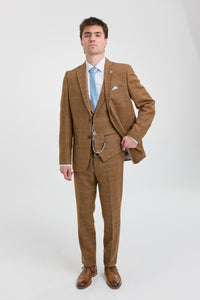 Men's 3 Piece Suit Wool Tweed Herringbone Tan Brown Blue Check 1920s Gatsby