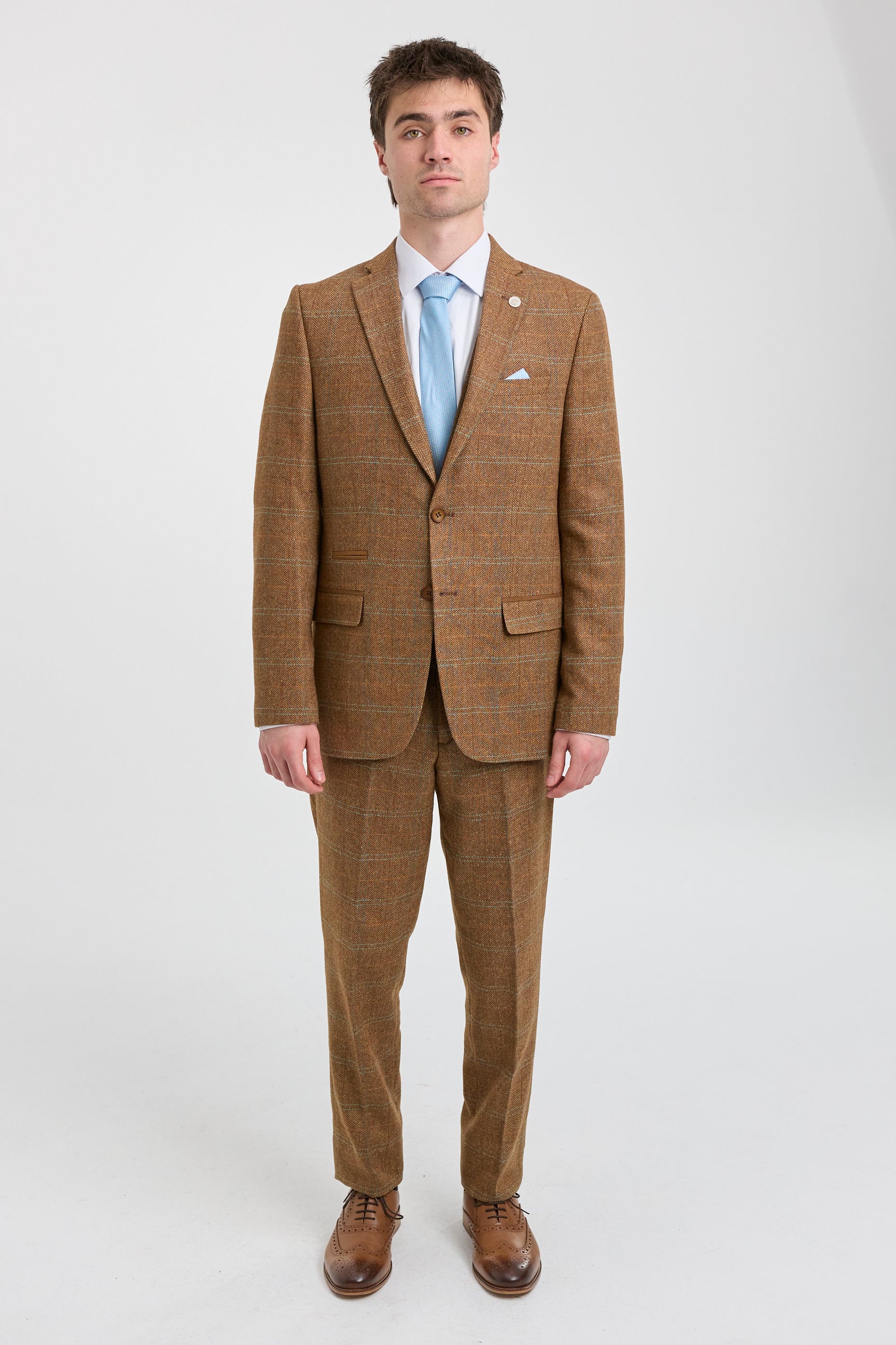 Men's 3 Piece Suit Wool Tweed Herringbone Tan Brown Blue Check 1920s Gatsby