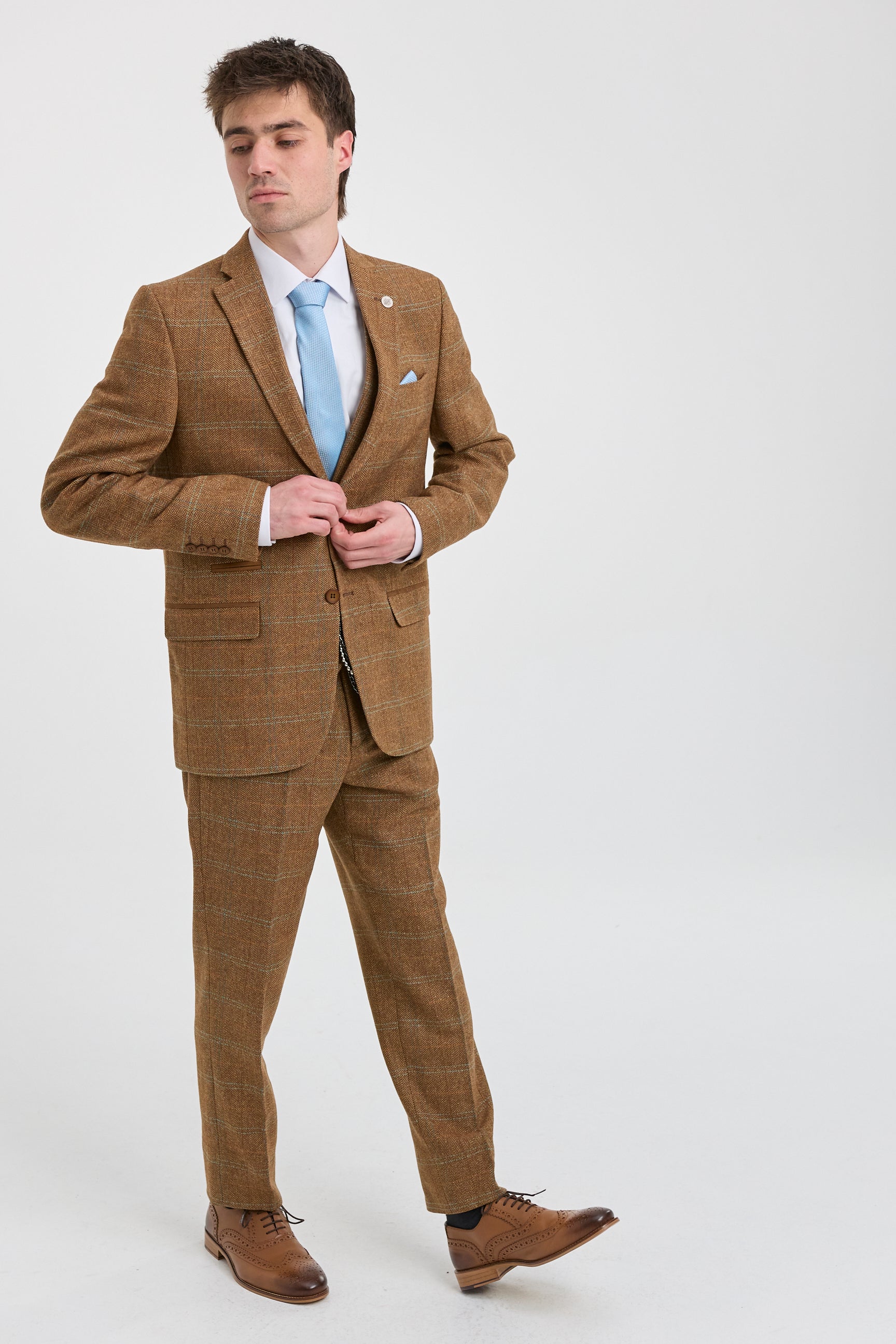 Men's 3 Piece Suit Wool Tweed Herringbone Tan Brown Blue Check 1920s Gatsby