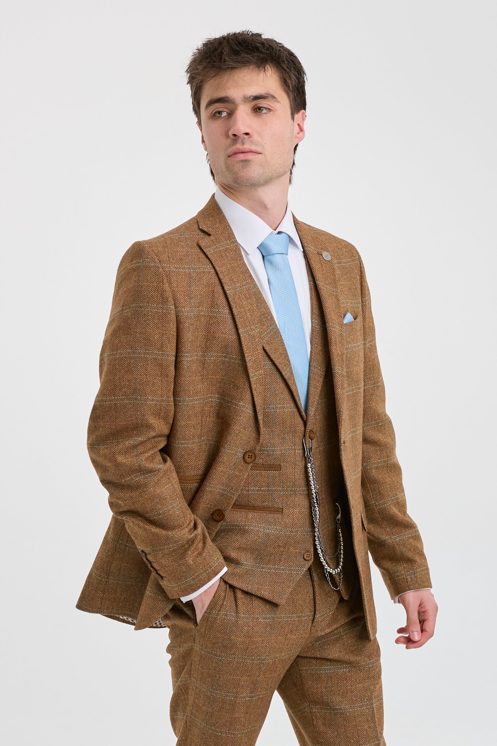 Men's 3 Piece Suit Wool Tweed Herringbone Tan Brown Blue Check 1920s Gatsby