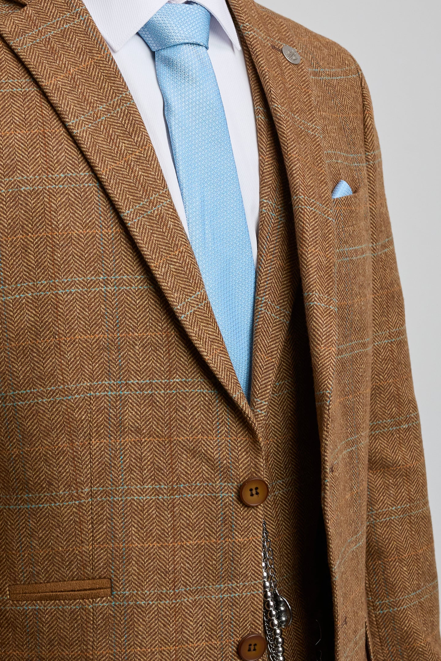 Men's 3 Piece Suit Wool Tweed Herringbone Tan Brown Blue Check 1920s Gatsby