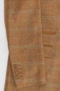 Men's 3 Piece Suit Wool Tweed Herringbone Tan Brown Blue Check 1920s Gatsby