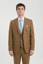 Men's 3 Piece Suit Wool Tweed Herringbone Tan Brown Blue Check 1920s Gatsby