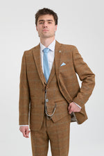 Men's 3 Piece Suit Wool Tweed Herringbone Tan Brown Blue Check 1920s Gatsby