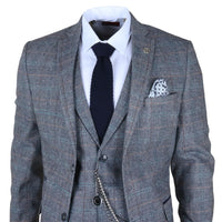 Men's 3 Piece Suit Wool Tweed Light Blue Grey Check
