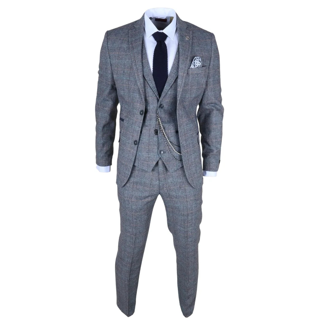Men's 3 Piece Suit Wool Tweed Light Blue Grey Check Men's 3 Piece Suit Wool Tweed Light Blue Grey Check