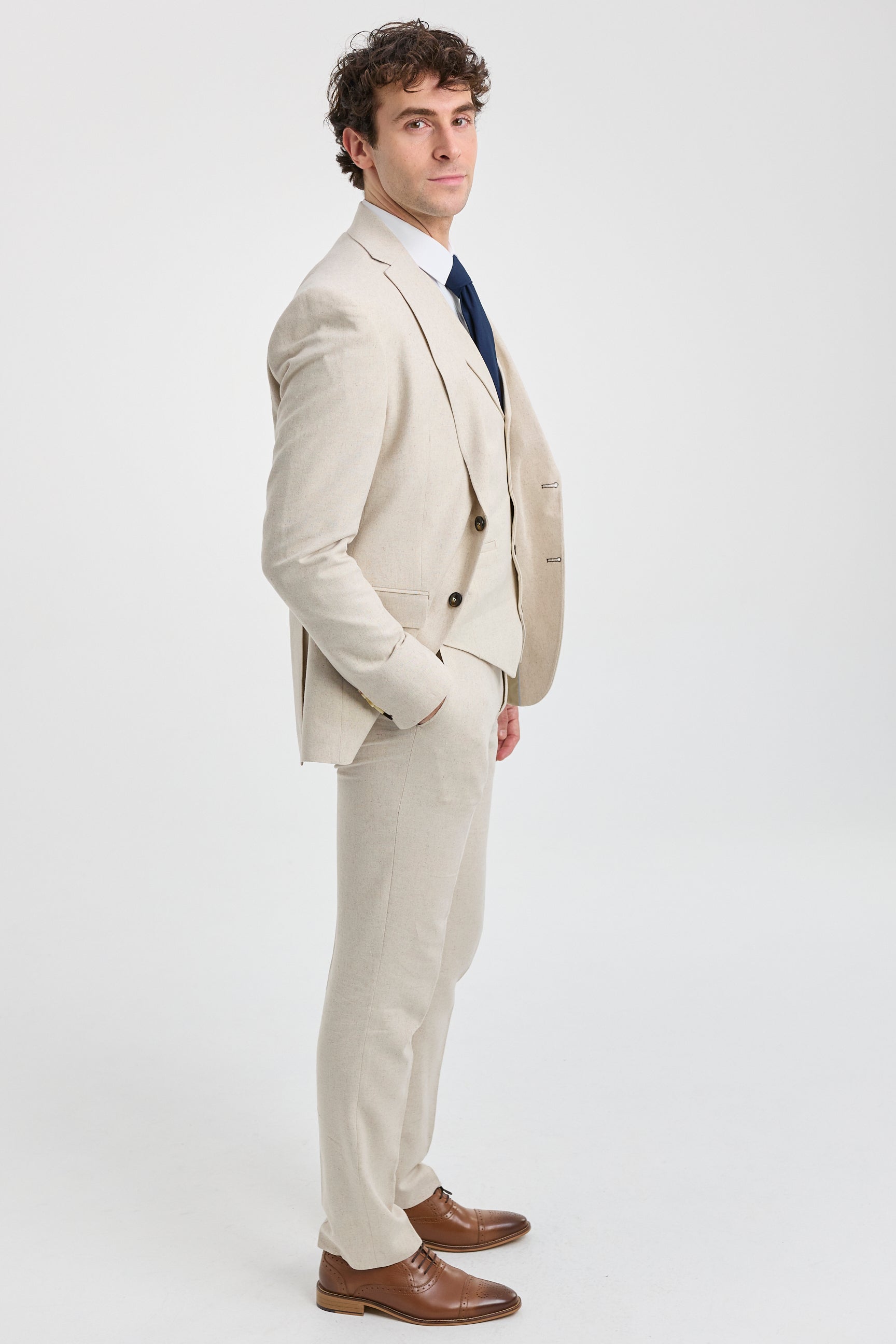 TP-21 Men's Beige 3-Piece Linen Summer Wedding Suit TP-21 Men's Beige 3-Piece Linen Summer Wedding Suit