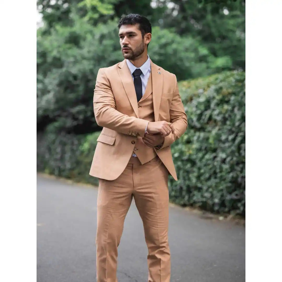TP-23 - Men's Camel 3 Piece Linen Summer Wedding Suit