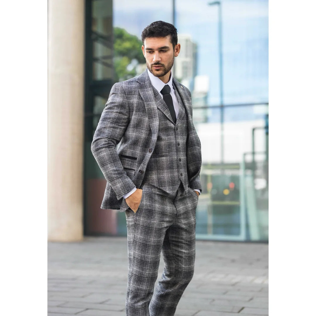 Men's Grey Tweed Check 3 Piece Suit