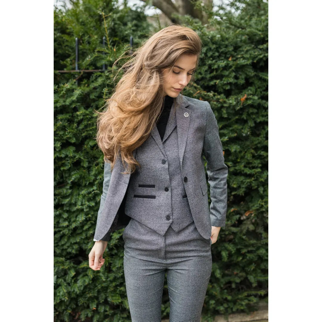 TPW51 - Women's Grey 3 Piece Prince Of Wales Check Suit TPW51 - Women's Grey 3 Piece Prince Of Wales Check Suit