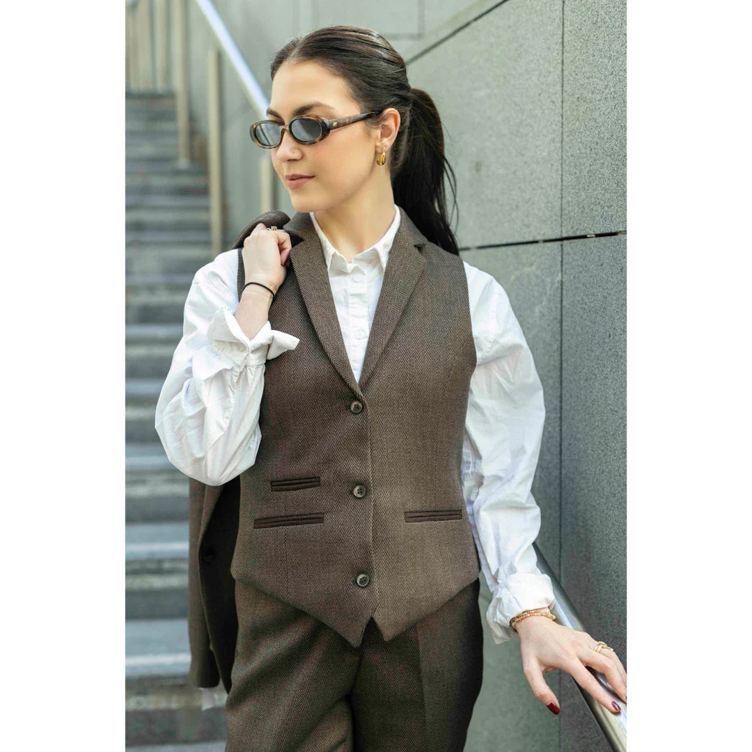 TPW-AK-06 - Women's Brown 3 Piece Herringbone Tweed Suit