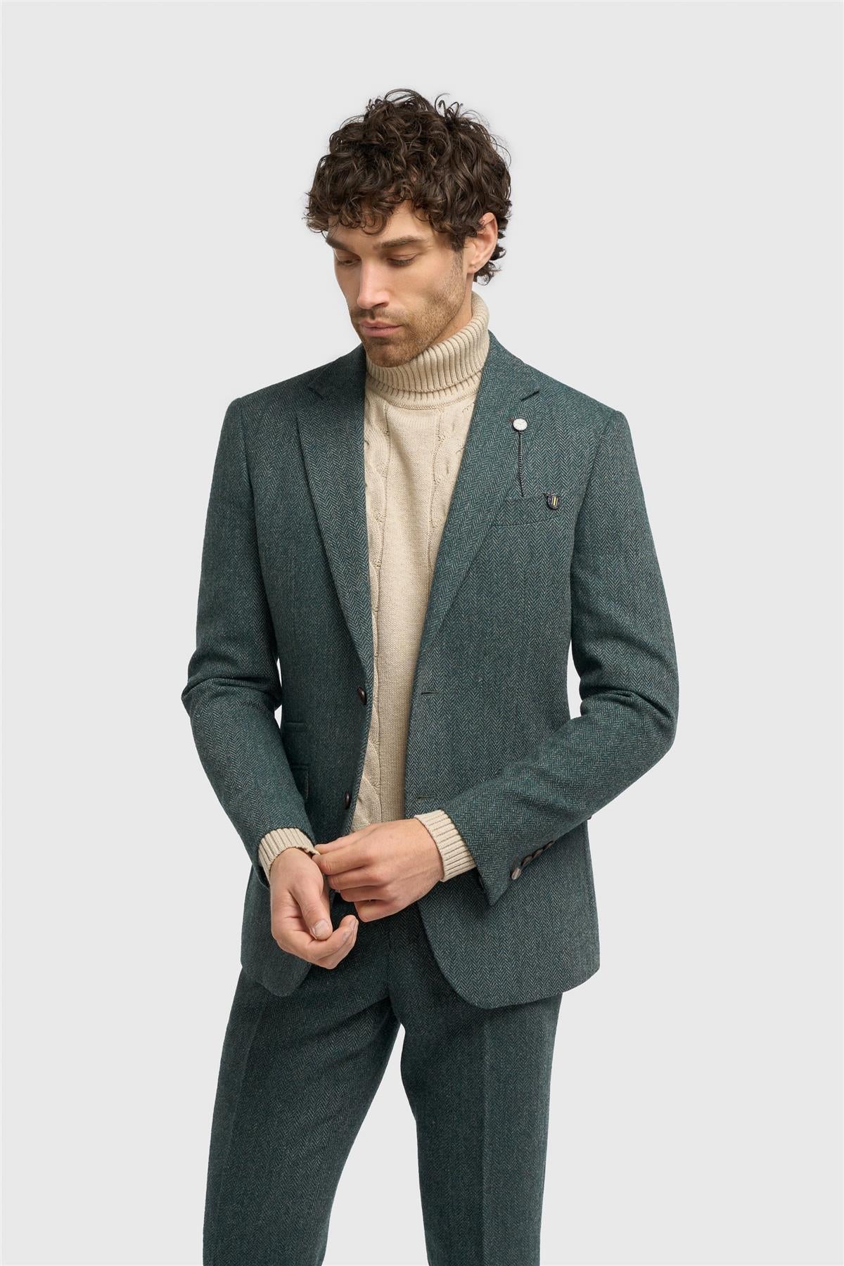 Thomas - Olive Green 3 Piece Wool Blend Tweed Suit Thomas - Olive Green 3 Piece Wool Blend Tweed Suit