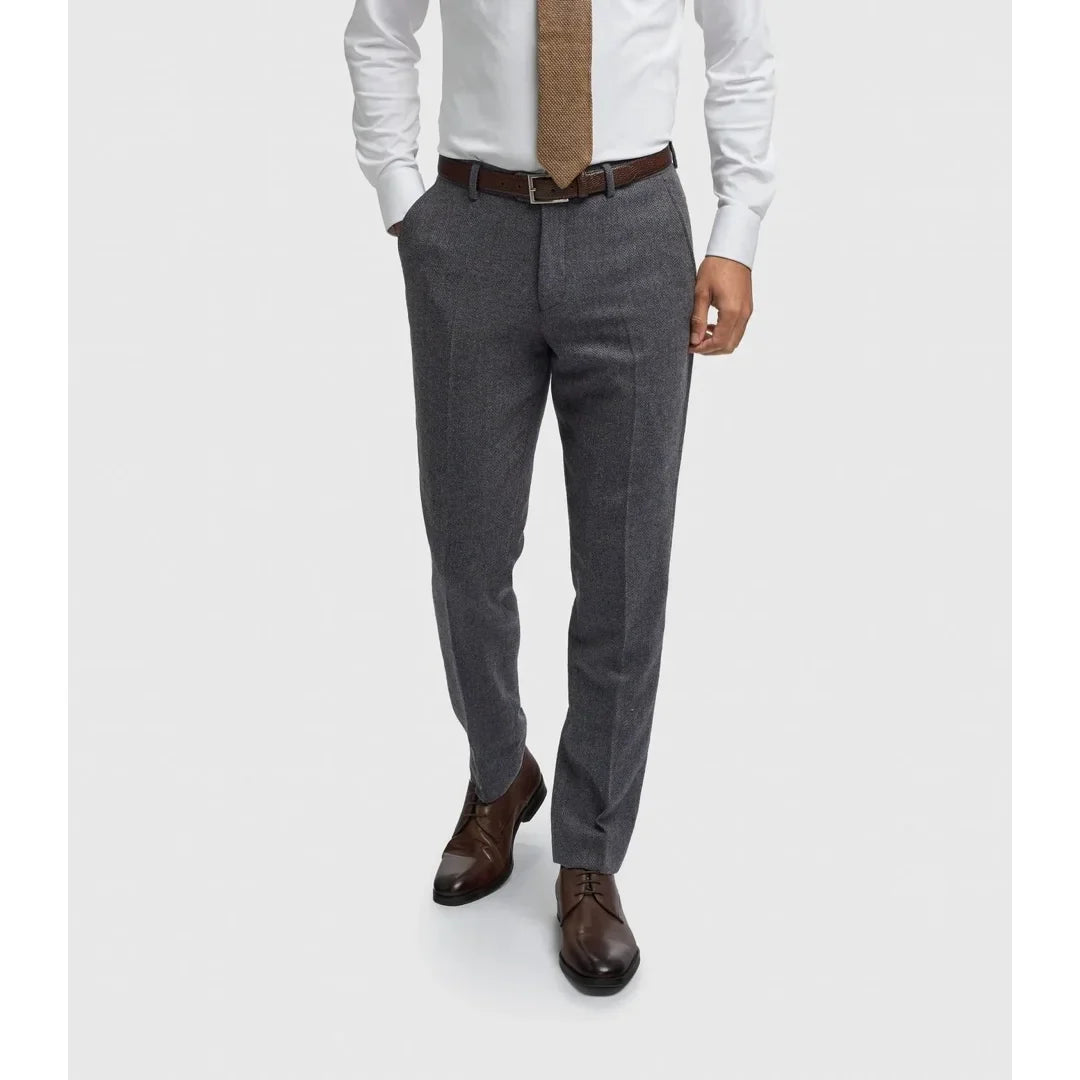 Thomas - Men's Navy Wool Blend Herringbone Tweed Trousers