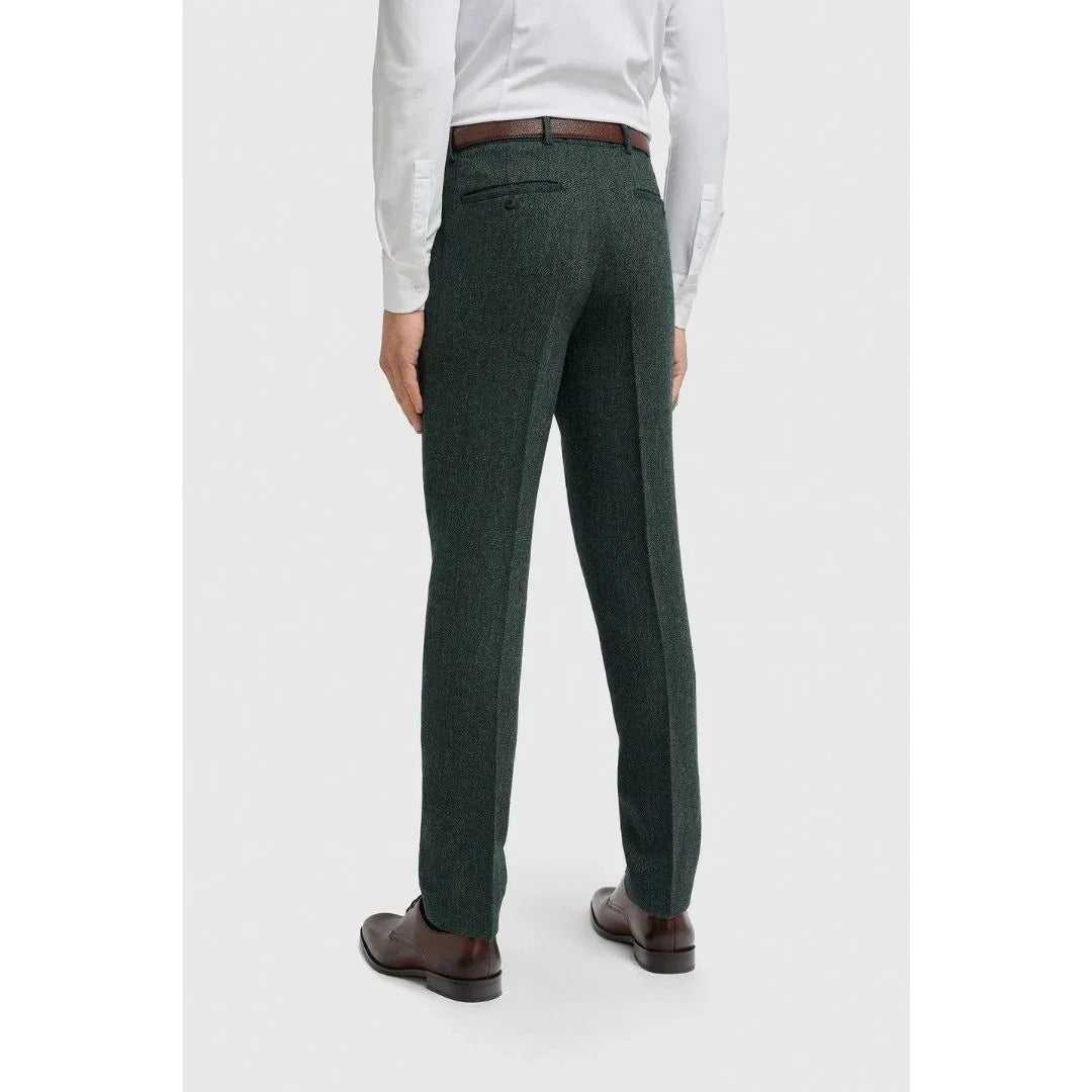 Thomas - Men's Olive Wool Blend Herringbone Tweed Trousers