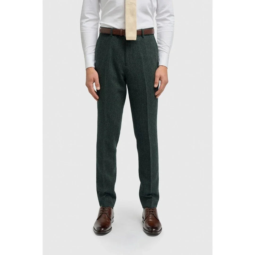 Thomas - Men's Olive Wool Blend Herringbone Tweed Trousers
