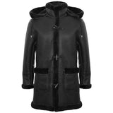 Men's Shearling Sheepskin Duffle Coat WW2 UK Winter 3/4 Leather Hood