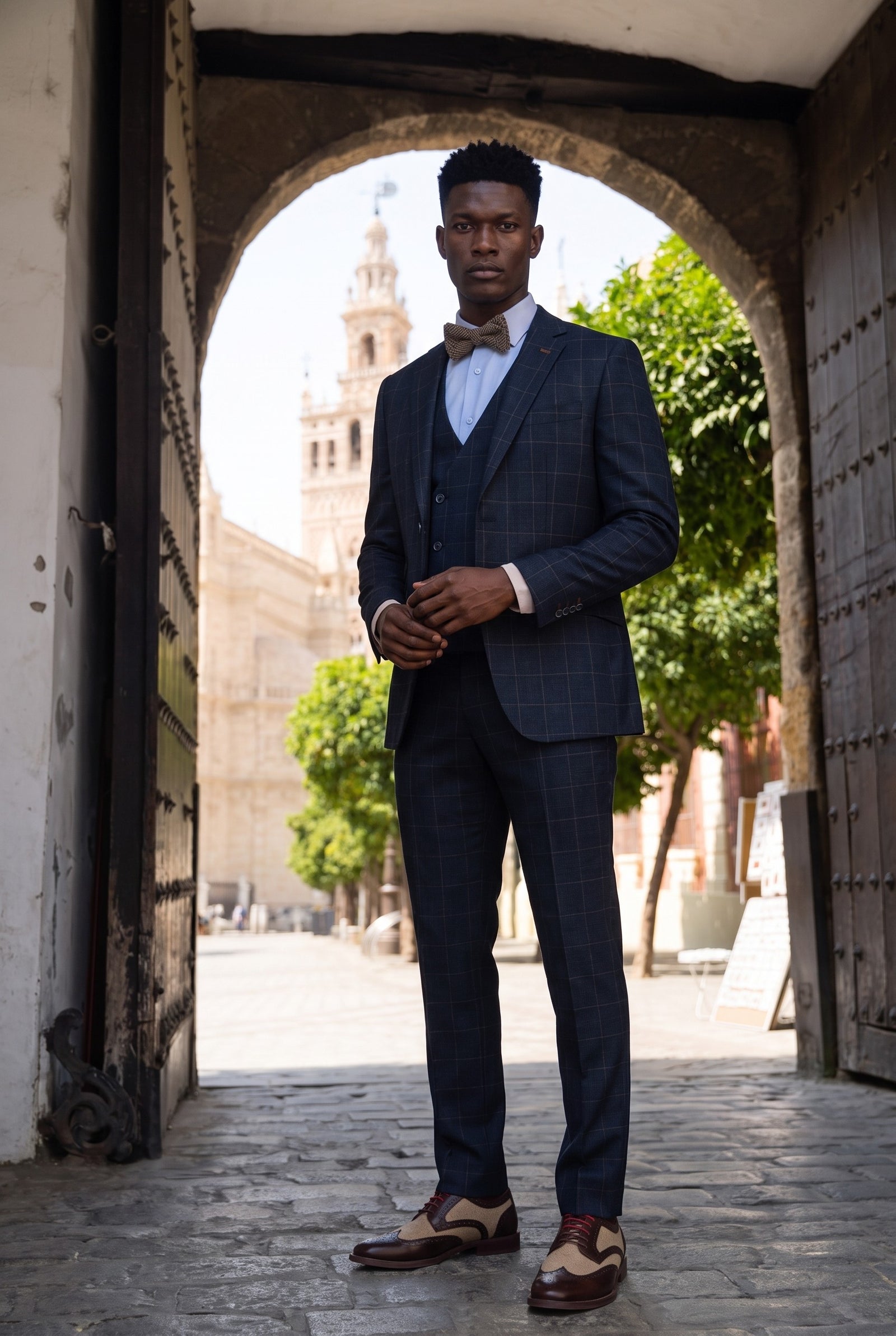 Look #265 styled with Torino - Men's 3 Piece Tailored Fit Navy Check Suit