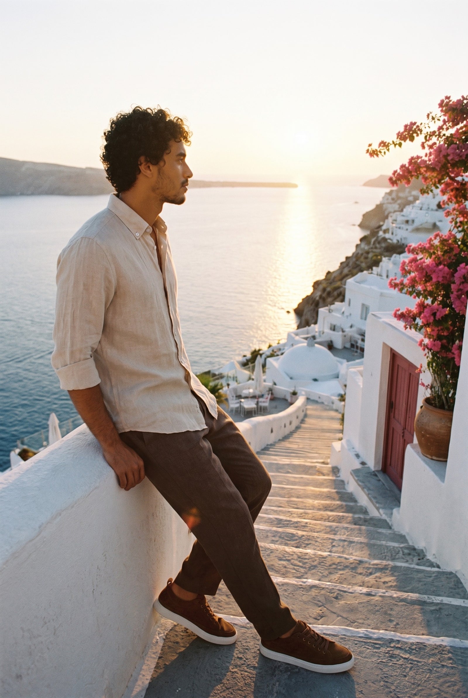 Look #874 styled with Men’s Beige Pure Linen Shirt Long Sleeve Button-Down Summer Shirt