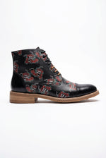 Adam - Men's Black Floral Skull Print Leather Oxford Boots