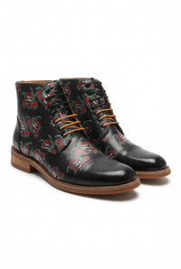 Adam - Men's Black Floral Skull Print Leather Oxford Boots