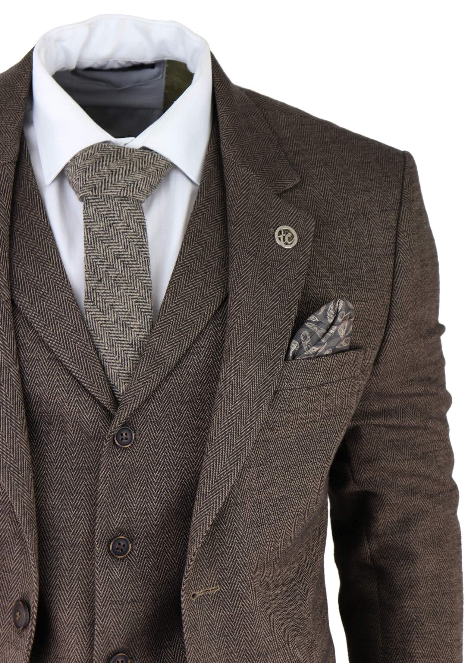 Men's Brown Herringbone Tweed 3 Piece Suit: Buy Online - Happy