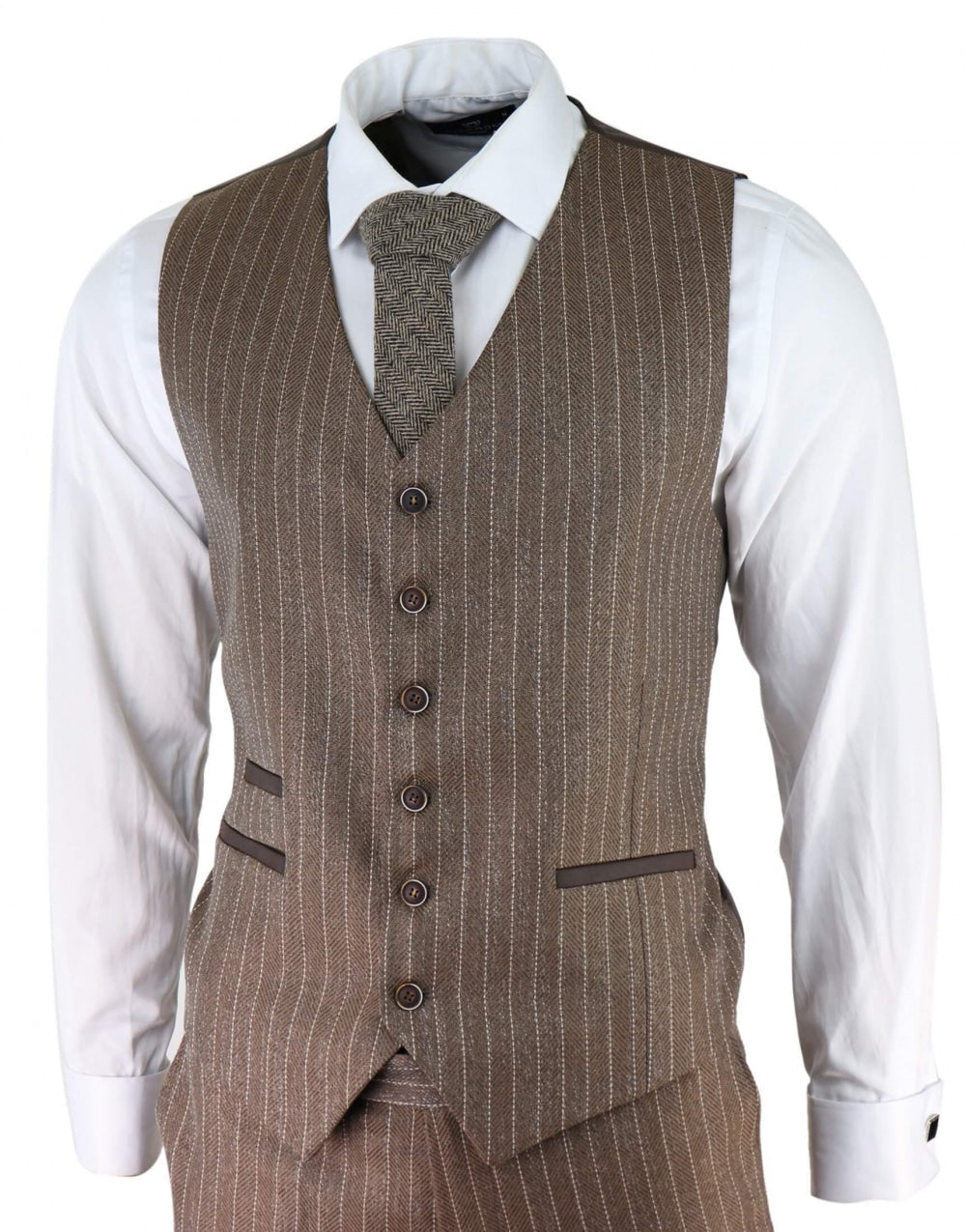 Men's Oak Brown Pinstripe Herringbone Tweed 3 Piece Suit: Buy