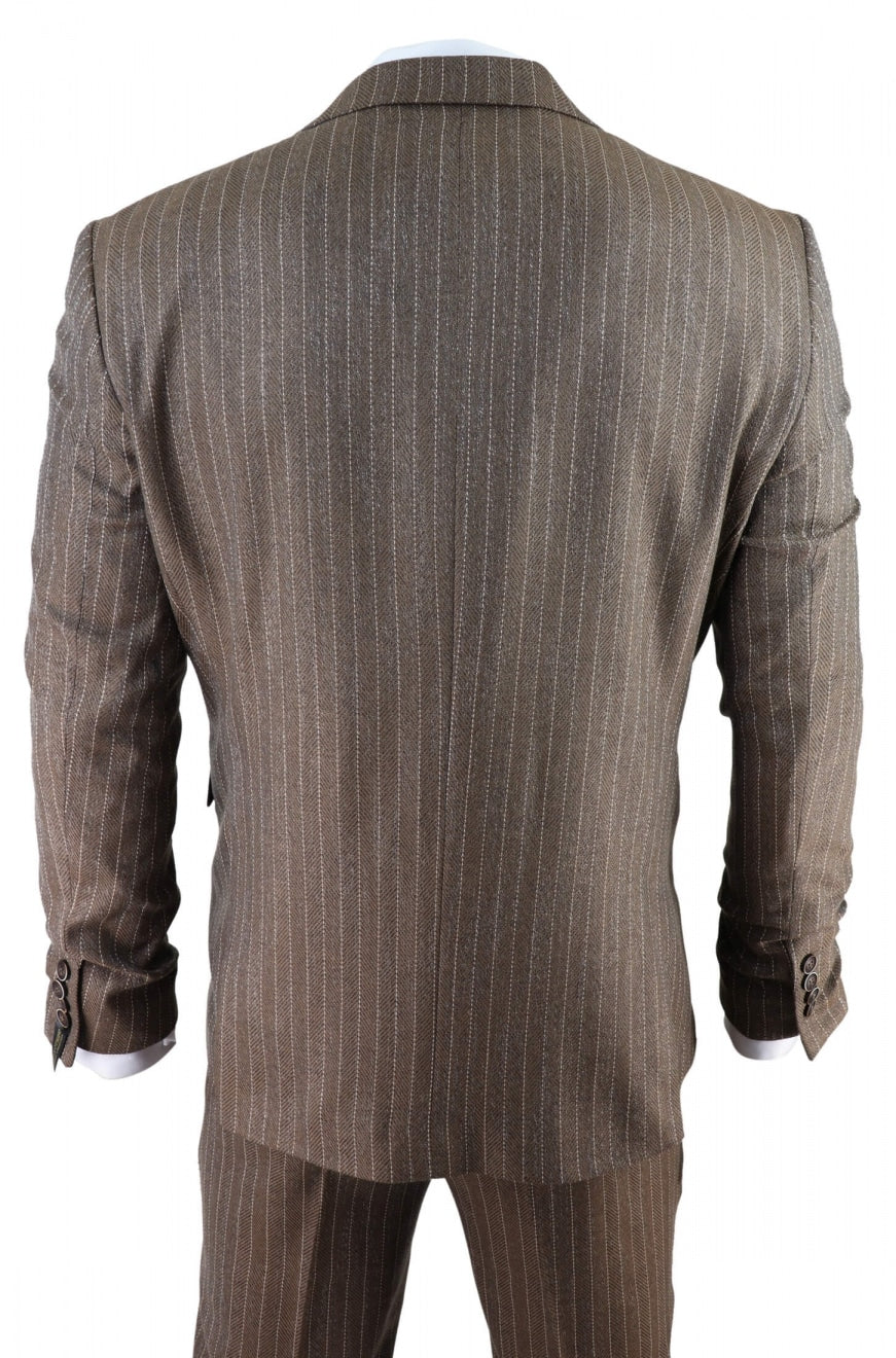 Men's Oak Brown Pinstripe Herringbone Tweed 3 Piece Suit: Buy
