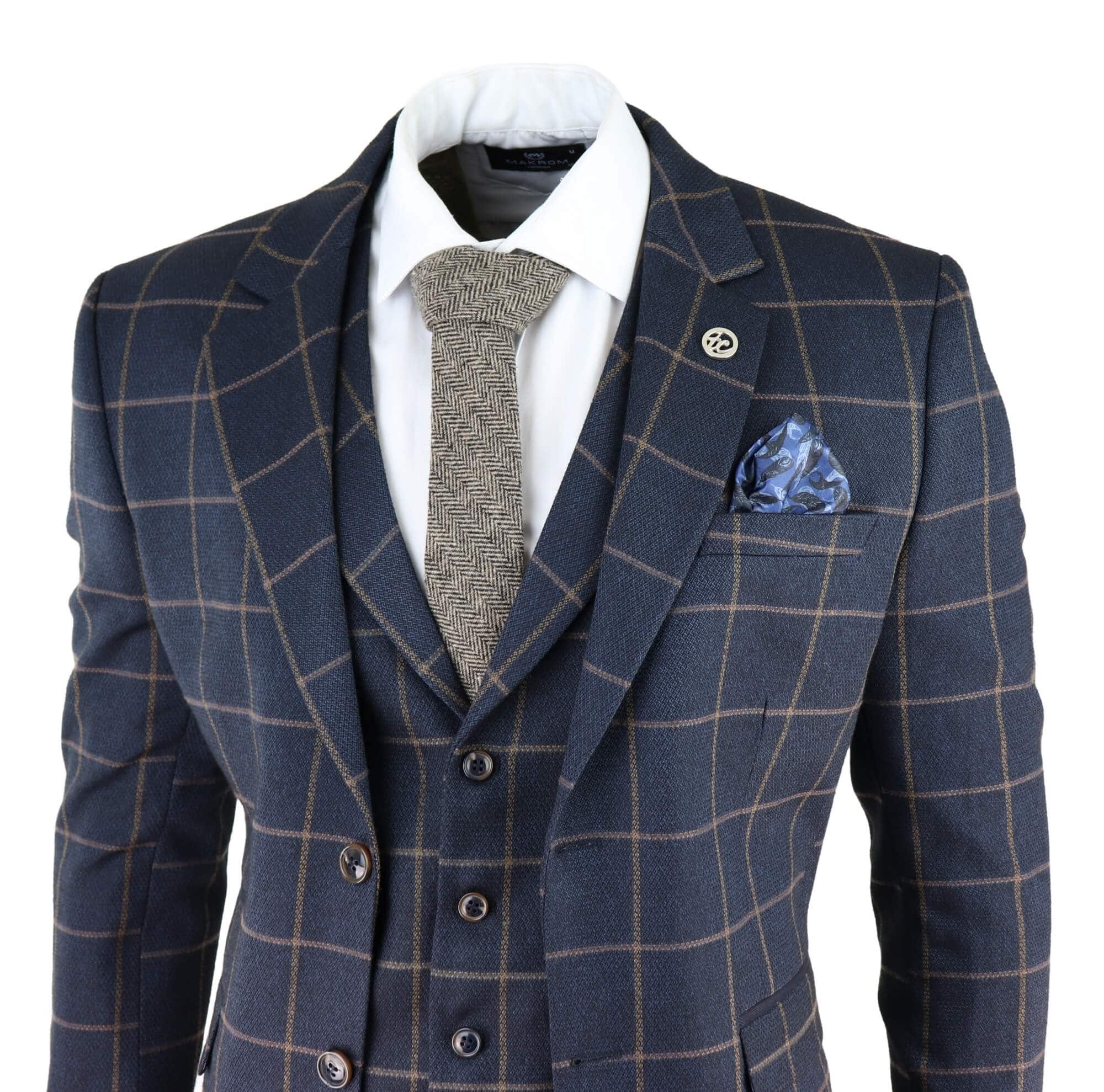 Men's Navy-Blue Windowpane Check 3 Piece Suit: Buy Online - Happy