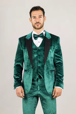 AK-25 Men's Emerald Green 3-Piece Velvet Wedding Tuxedo with Black Lapels