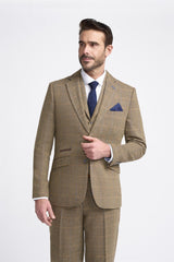 Cavani Albert - Men's Herringbone Tweed Check 3 Piece Suit - Tan Brown